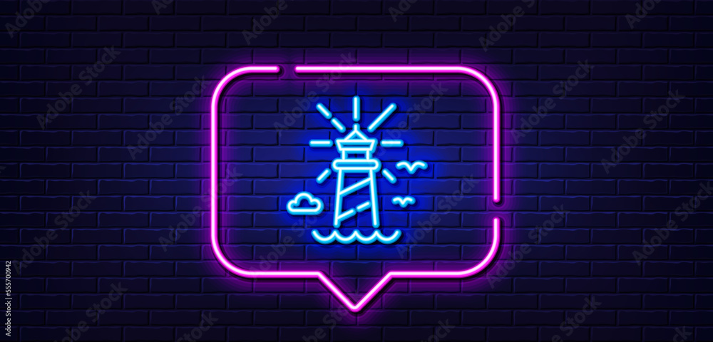 Neon light speech bubble. Lighthouse line icon. Beacon tower sign. Searchlight building symbol. Neon light background. Lighthouse glow line. Brick wall banner. Vector