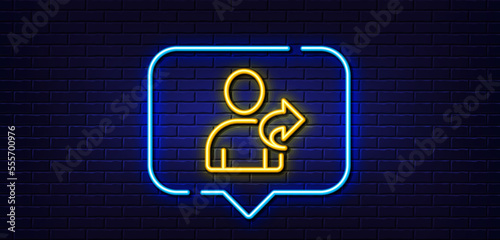 Neon light speech bubble. Refer a friend line icon. Share sign. Neon light background. Refer friend glow line. Brick wall banner. Vector
