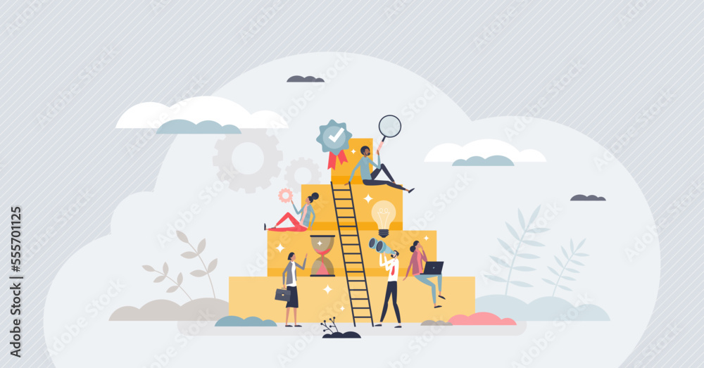 Employee talent development and reach work success top tiny person concept. Best performance worker with ambition, growth potential and effective career management vector illustration. Staff teamwork.