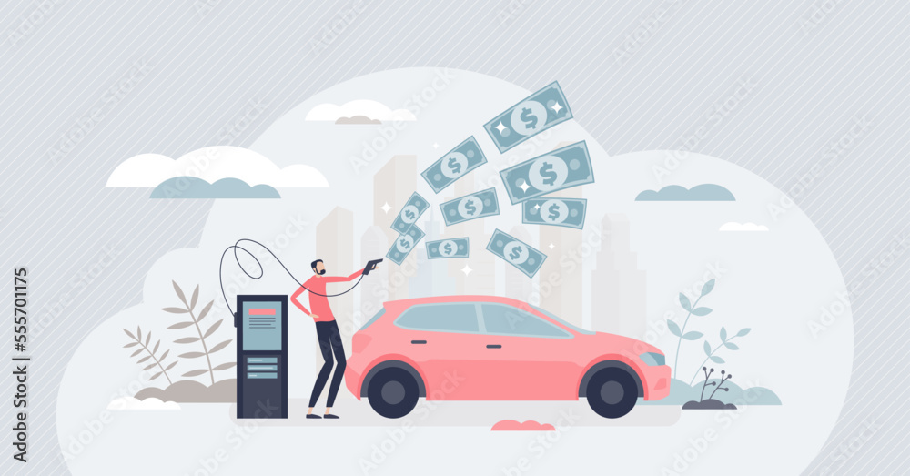 Fuel economy and expensive gasoline cost with money flow tiny person concept. Transport gas consumption and fossil energy crisis with high prices vector illustration. Petrol pump with filling station.