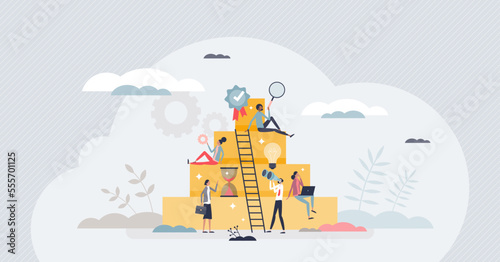 Employee talent development and reach work success top tiny person concept. Best performance worker with ambition, growth potential and effective career management vector illustration. Staff teamwork.