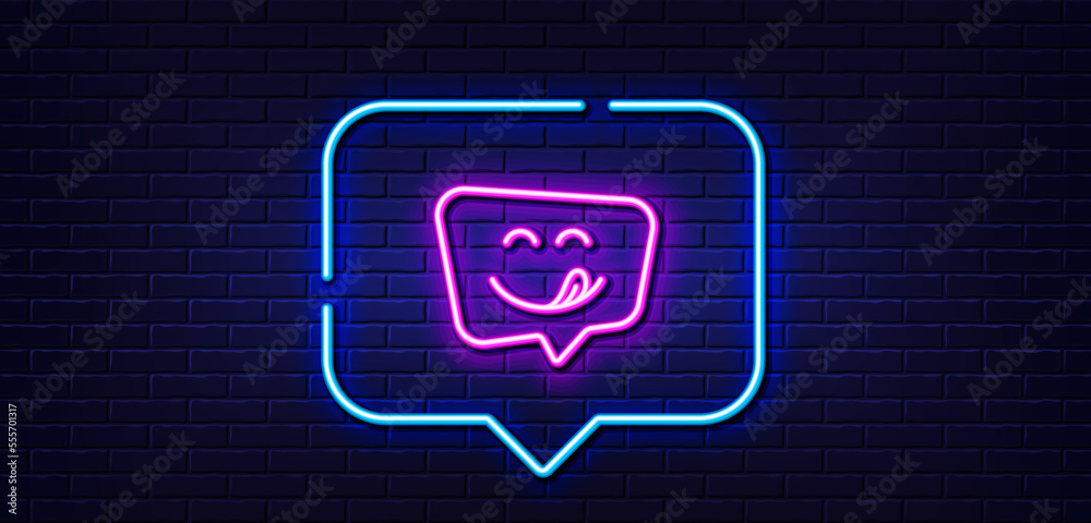 Neon light speech bubble. Yummy smile line icon. Emoticon with tongue sign. Speech bubble symbol. Neon light background. Yummy smile glow line. Brick wall banner. Vector