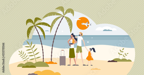 Family on vacation and parents with children at tropical beach tiny person concept. Holiday activity to spend quality time together vector illustration. Travel to summer exotic destinations with kids.