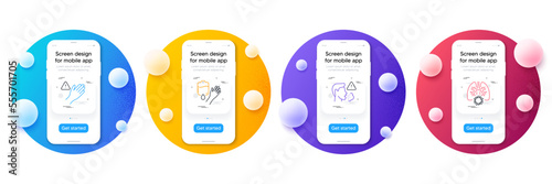 Minimal set of Blood, Cough and Dont touch line icons for web development. Phone ui interface mockup with balls. Coronavirus lungs icons. Donor hand, Flu symptom, Clean hand. Pneumonia. Vector