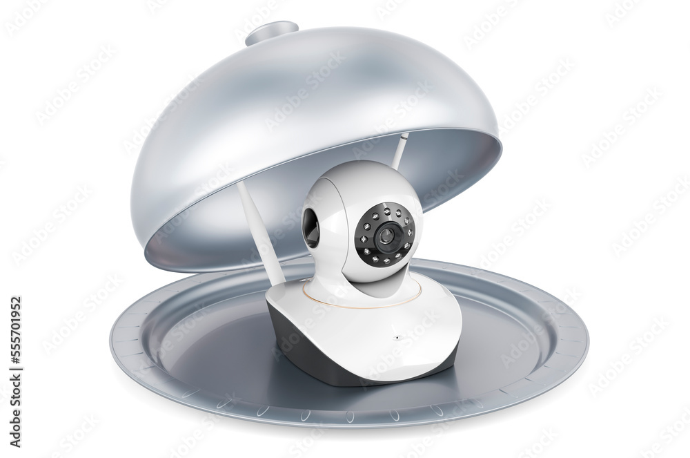 Fototapeta premium Restaurant cloche with IP camera. 3D rendering