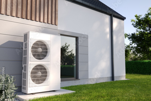 Fotobehang Air heat pump beside house, 3D illustration