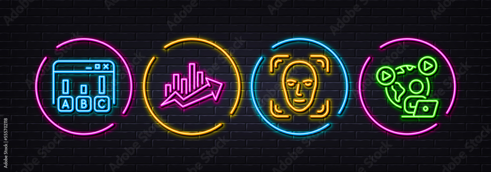 Face detection, Survey results and Growth chart minimal line icons. Neon laser 3d lights. Video conference icons. For web, application, printing. Detect person, Best answer, Sale diagram. Vector