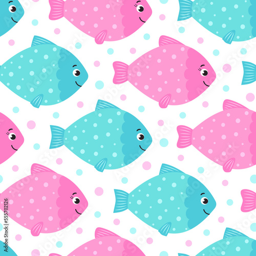 Seamless pattern with fish and bubbles. Endless background with smiling inhabitants of the underwater world.