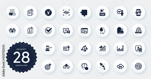 Set of Education icons, such as Cloud server, Comment and Target flat icons. Verification person, Question button, Product knowledge web elements. Yen money, Judge hammer, Efficacy signs. Vector
