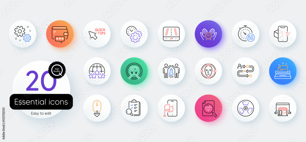 Simple set of Partnership, Journey path and Work line icons. Include Face detect, Quick tips, Chemical hazard icons. Inspect, Analytics chart, Time management web elements. Gps. Vector