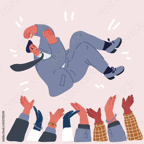Vector illustration of Businessman get thrown into the air by coworkers during celebration with hands