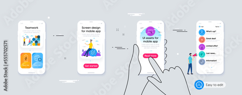 Set of Augmented reality, Scroll down and Food delivery line icons. Phone ui interface. Include Binary code, Time zone, Portable computer icons. Vector