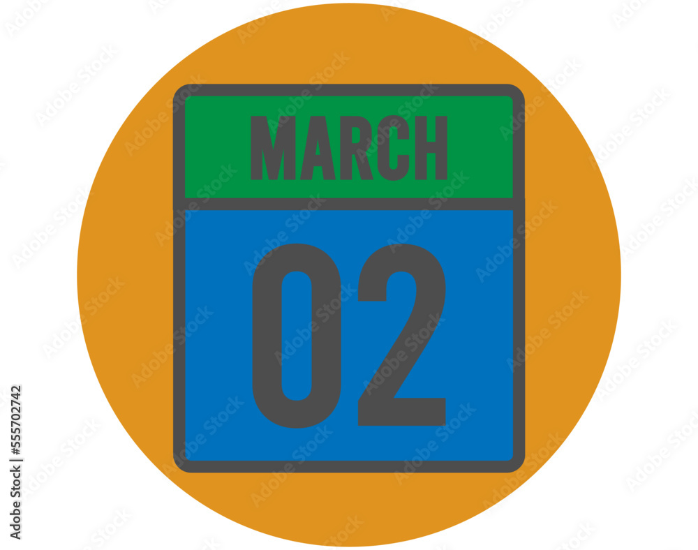 2 March day icon. Vector blue and green calendar page for March appointments and meetings. Design with orange ball and white background