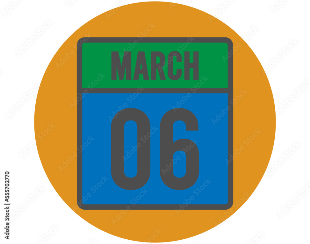6 March day icon. Vector blue and green calendar page for March appointments and meetings. Design with orange ball and white background 6 March day icon. Vector blue and green calendar page for March appointments and meetings. Design with orange ball and white background