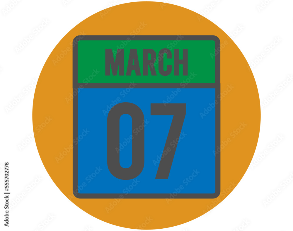7 March day icon. Vector blue and green calendar page for March appointments and meetings. Design with orange ball and white background 7 March day icon. Vector blue and green calendar page for March appointments and meetings. Design with orange ball and white background