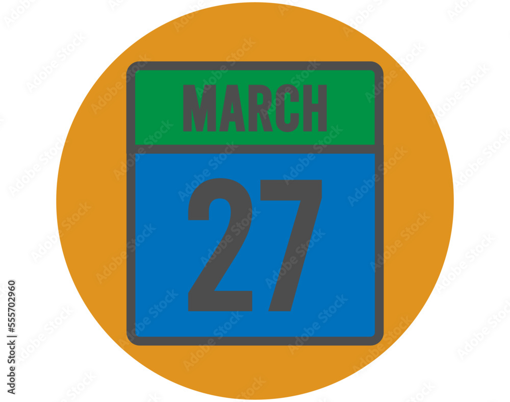 27 March day icon. Vector blue and green calendar page for March appointments and meetings. Design with orange ball and white background 27 March day icon. Vector blue and green calendar page for March appointments and meetings. Design with orange ball and white background