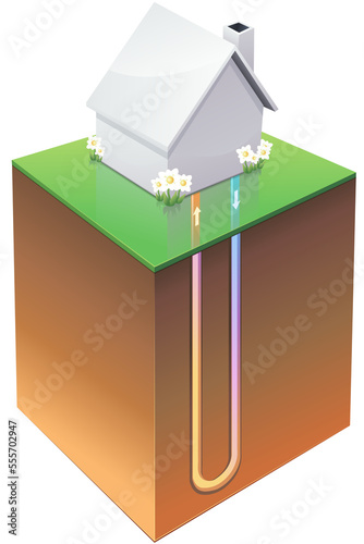 White 3D house in the middle of a piece of garden with its basement in which a geothermal circuit recovers heat from the basement (cut out)