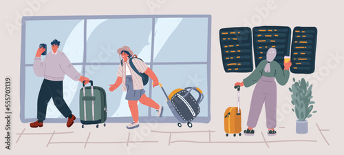 Vector illustration of Family with two kids in medical protection masks in airport terminal. Traveling by airplane