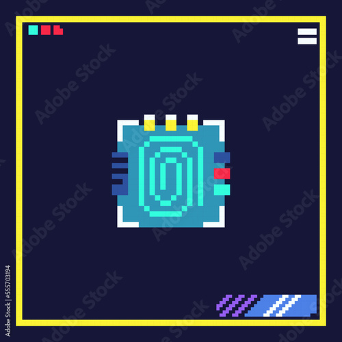 Pixel art cyber identity verification. 8bit cyberpunk style icon fingerprint id check. Vector 80s retro game electronics sticker. 