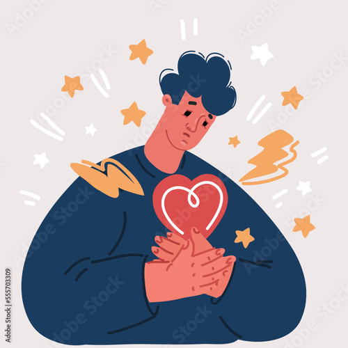 Vector illustration of Chest discomfort.A man holds hand to his chest. Pain in the lungs, heart.