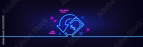 Neon light glow effect. Cashback line icon. Send or receive money sign. 3d line neon glow icon. Brick wall banner. Cashback outline. Vector