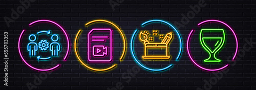 Creativity concept, Video file and Engineering team minimal line icons. Neon laser 3d lights. Wine glass icons. For web, application, printing. Graphic art, Vlog page, Engineer person. Vector