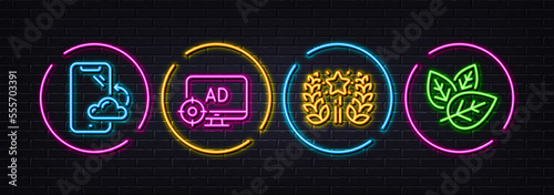 Ranking, Seo adblock and Smartphone cloud minimal line icons. Neon laser 3d lights. Organic tested icons. For web, application, printing. Laurel wreath, Search engine, Phone backup. Vector