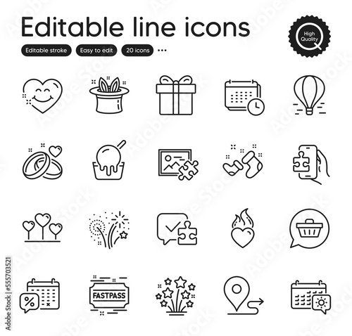 Set of Holidays outline icons. Contains icons as Discounts calendar, Ice cream and Marriage rings elements. Fireworks, Fastpass, Santa boots web signs. Puzzle game, Air balloon. Vector