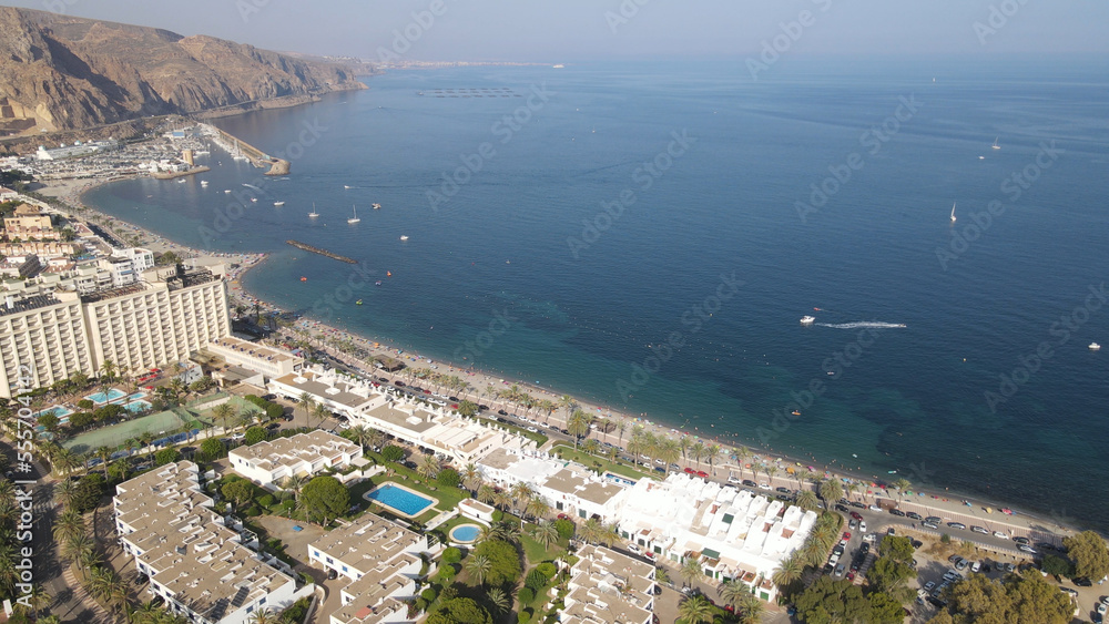 Drone view of Almeria Mediterranean coastline in touristic neighborhood