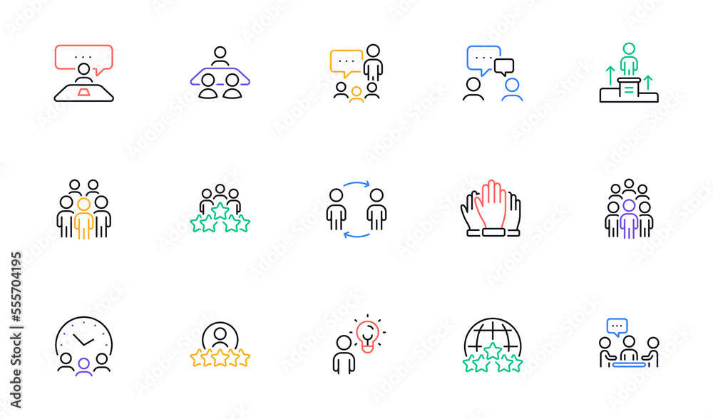 Business people line icons set. Meeting, job structure, team. Group people, communication, member icons. Congress, talk person, partnership. Job interview, business idea, voting. Vector