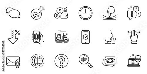 Outline set of Question mark, Baggage app and Globe line icons for web application. Talk, information, delivery truck outline icon. Include Time, Loyalty points, Chemistry lab icons. Vector