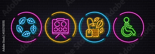 Organic tested, Vision board and Mint bag minimal line icons. Neon laser 3d lights. Disability icons. For web, application, printing. Bio ingredients, Eye check, Mentha tea. Wheelchair user. Vector