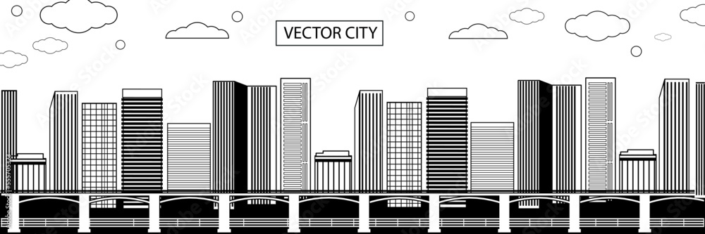Urban landscape. Vector poster with city view in black and white. Urban landscape. Vector poster with city view in black and white.
