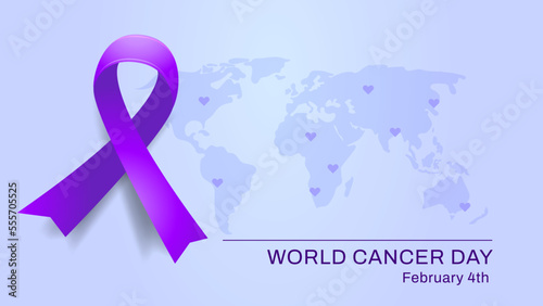 World Cancer Day illustration with purple bow ribbon. Banner template