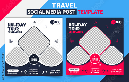 Travel business promotion web banner template design for social media. Travelling, tourism or summer holiday tour online marketing flyer, post or poste.
