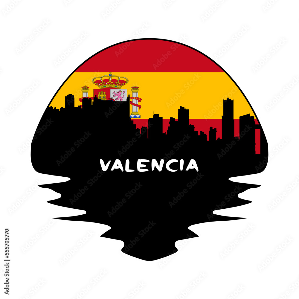 Valencia Spain Flag Skyline Silhouette Retro Vintage Sunset Valencia Lover Travel Souvenir Sticker Vector Illustration SVG EPS