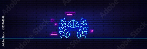 Neon light glow effect. Justice scales line icon. Judgement laurel wreath sign. Legal law symbol. 3d line neon glow icon. Brick wall banner. Justice scales outline. Vector