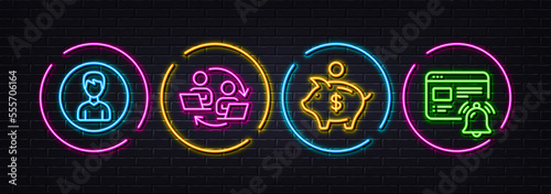 Teamwork process, Person and Piggy bank minimal line icons. Neon laser 3d lights. Internet notification icons. For web, application, printing. Remote work, Edit profile, Dollar money. Vector