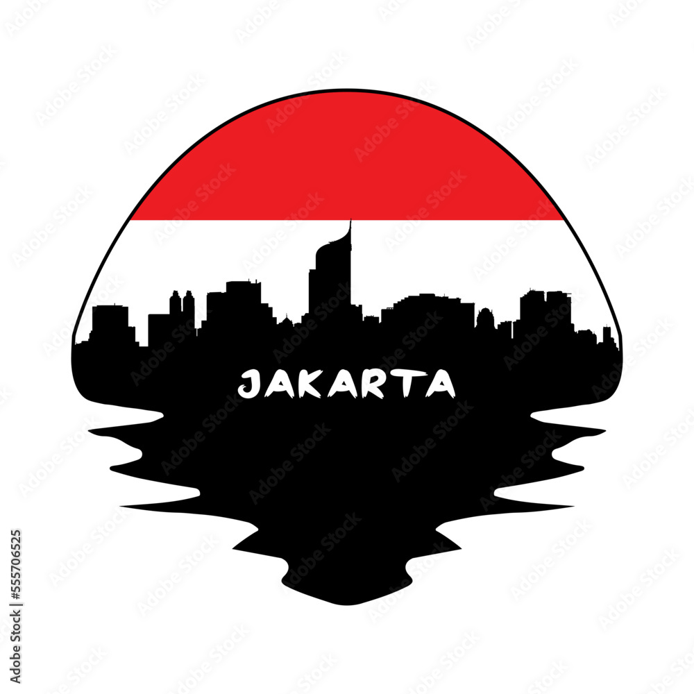 Jakarta Indonesia Flag Skyline Silhouette Retro Vintage Sunset Jakarta Lover Travel Souvenir Sticker Vector Illustration SVG EPS