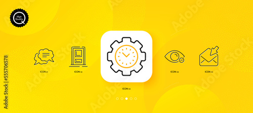 Text message, Entrance and Time management minimal line icons. Yellow abstract background. Open mail, Myopia icons. For web, application, printing. Chat bubble, Door, Settings. View e-mail. Vector