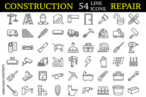 Home repair, construction, renovation, building. Editable stroke.Set of 54 outline web icons.