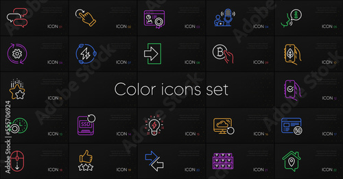 Set of Cogwheel, Approved app and Inspiration line icons. Include Bitcoin pay, Recovery ssd, Dishwasher timer icons. Boxes shelf, Synchronize, Work home web elements. Talk bubble. Vector