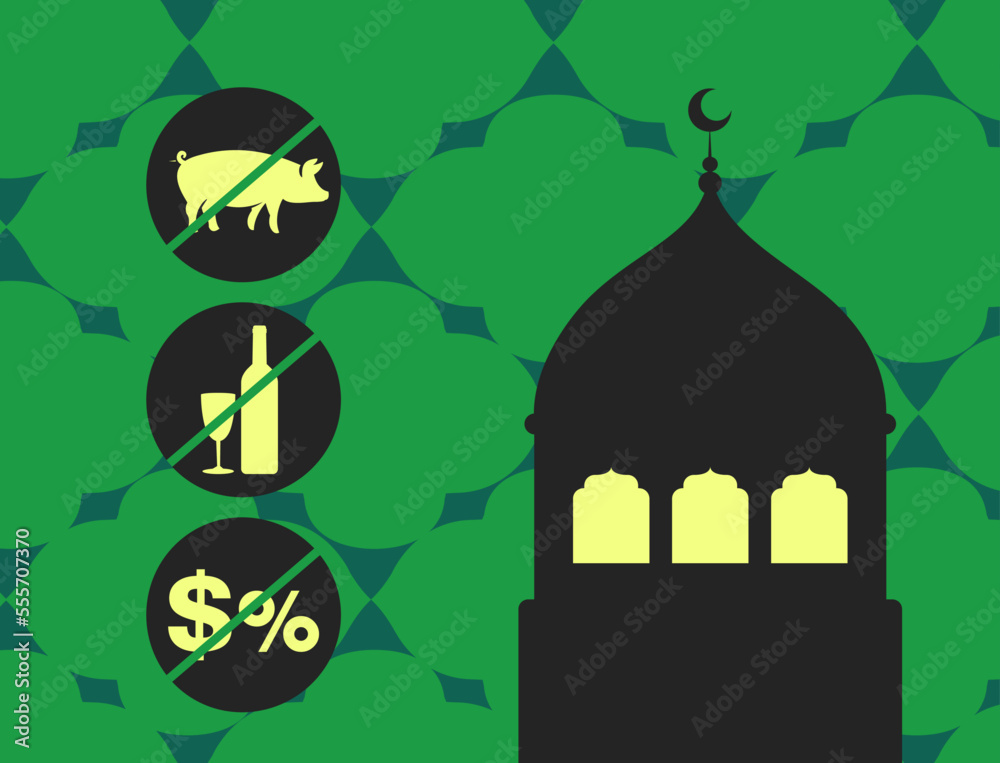 Mosque and symbols of rules for Muslims vector illustration. Cartoon drawing of religious building, badges with pig, alcohol, sales or discounts. Religion, culture, tradition concept