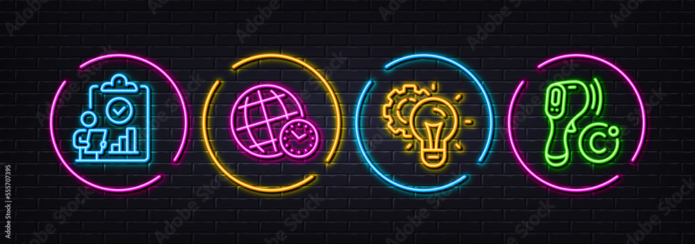 Inspect, Idea gear and Time zone minimal line icons. Neon laser 3d lights. Electronic thermometer icons. For web, application, printing. Research report, Technology process, World clock. Vector
