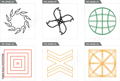 Set of Y2K style vectors of objects. Big collection of abstract graphic geometric symbols. Elements for graphic decoration. Isolated on black background. Vector illustration