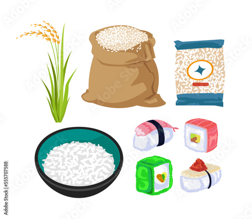 Rice in bowl and bag and sushi vector illustrations set. Cartoon drawings of growing and packaged rice, Asian meal with fish isolated on white background. Food, Japanese cuisine concept