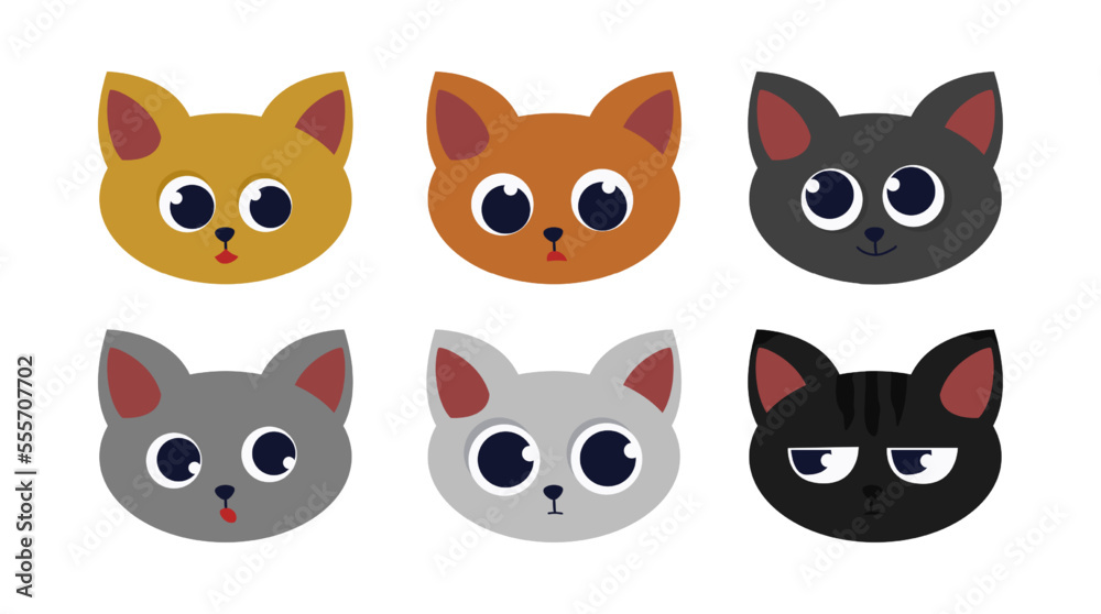 Heads of adorable comic kittens vector illustrations set. Cartoon drawings of cat characters with different expressions isolated on white background. Pets or domestic animals, decoration concept