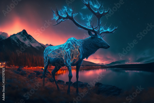 magic deer in the forest as night falls