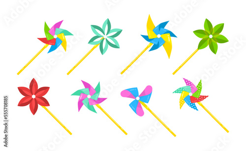 Colorful pinwheels for children vector illustrations set. Cartoon drawings of cute windmill toys for kids isolated on white background. Childhood, leisure, entertainment concept