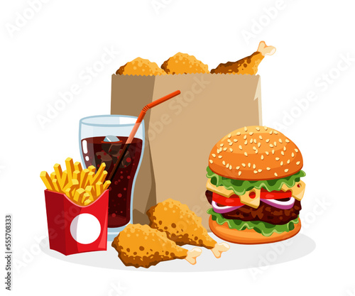 Order in fast food restaurant vector illustration. Cartoon drawing of drumsticks in paper bag, hamburger, soda, French fries in box isolated on white background. Junk food, diet, nutrition concept